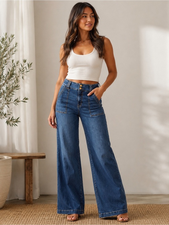 Kut from the Kloth Denim - Kut from the Kloth High-Rise Wide Leg Jeans in Medium Blue Denim size 8